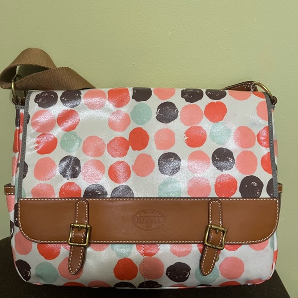 New Polka Dot Messenger Bag Coated Canvas with Leather - Picture 1 of 9